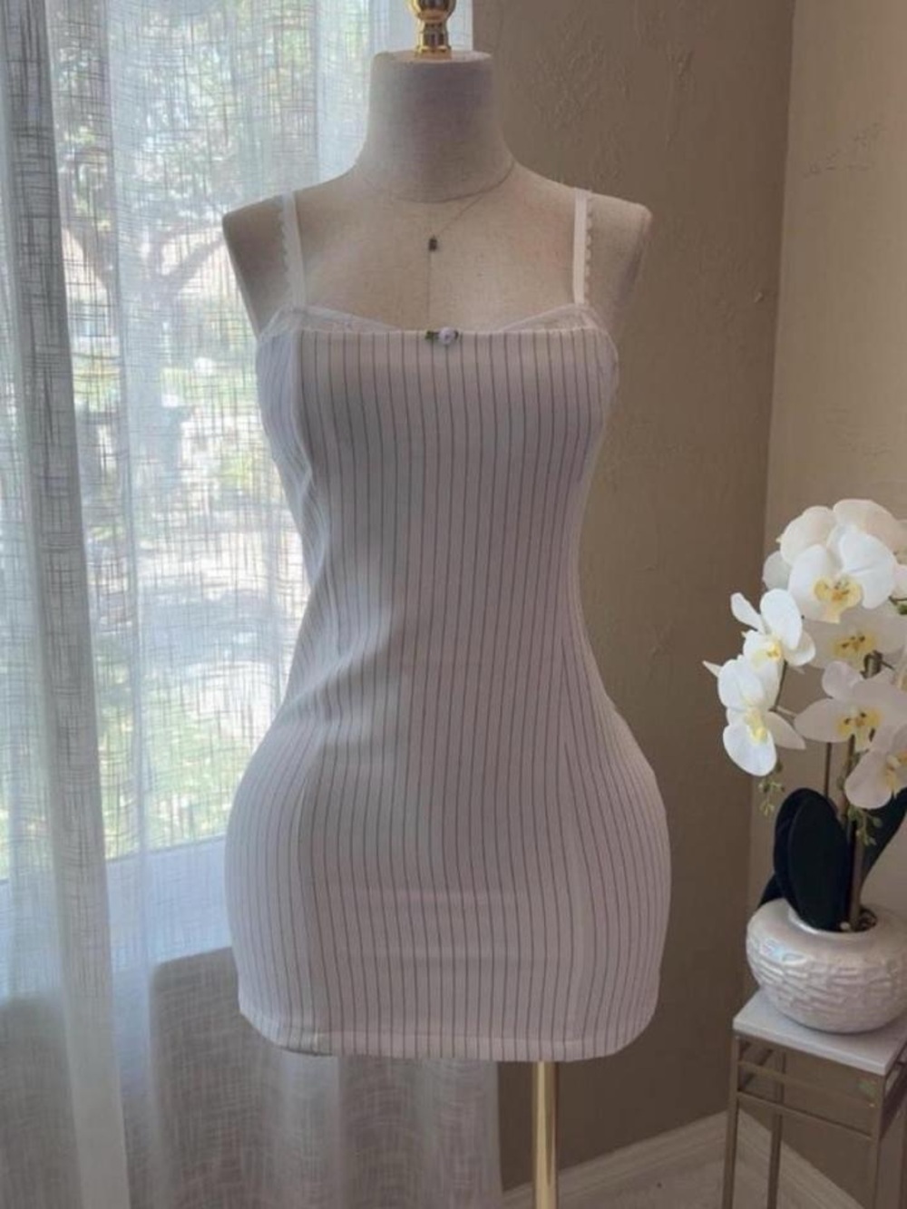 white pinstripe mini dress. size small.